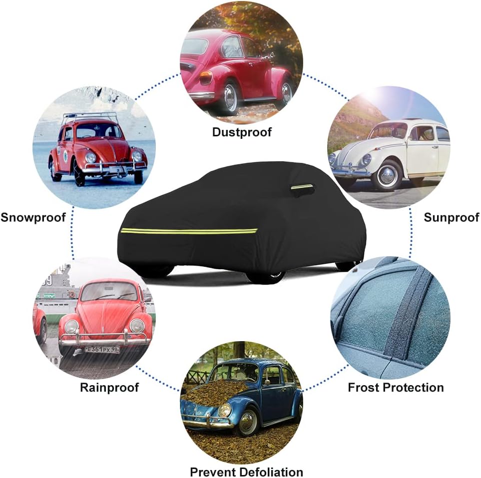 1960-1980 Volkswagen Beetle Sedan 2-Door Saloon Car Cover Waterproof All Weather, with Door Zipper, Windproof Strap, Anti-Theft Lock