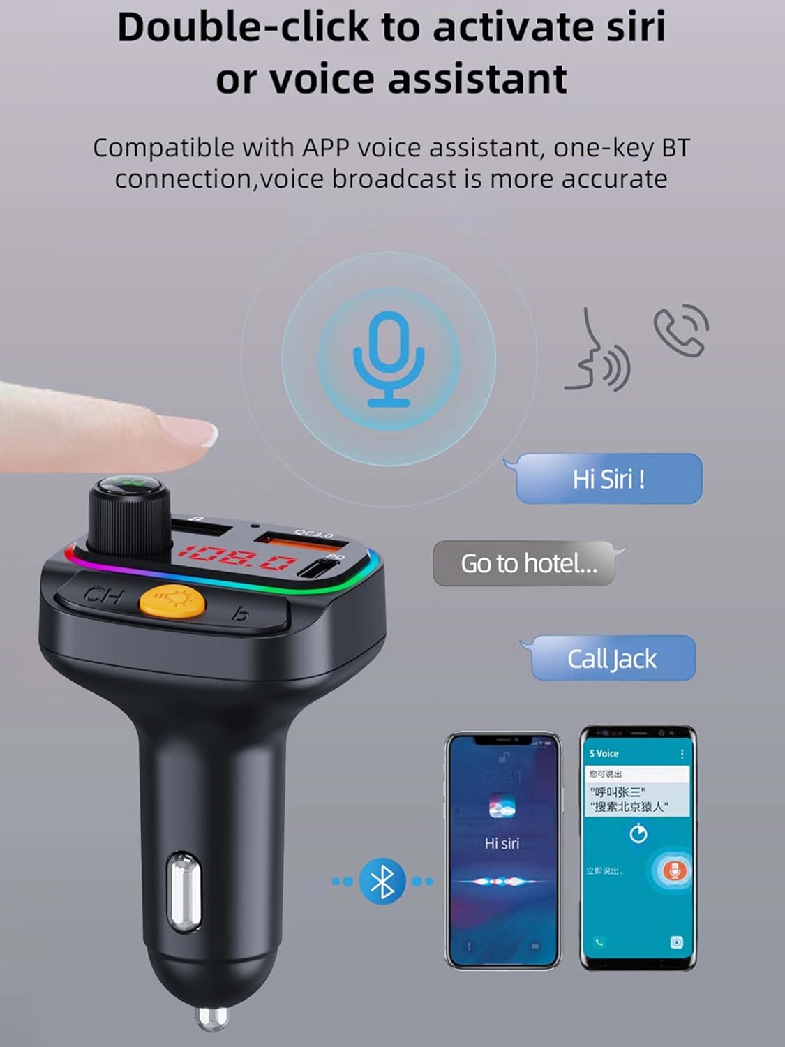 Bluetooth 5.3 FM Transmitter for Car, Wireless Car Adapter with QC 3.0 Fast Charging & PD 30W Type-C, Hands-Free Calling, U Disk Playback, EQ Sound Mode, 7-Color Ambient Light for Driving & Travel
