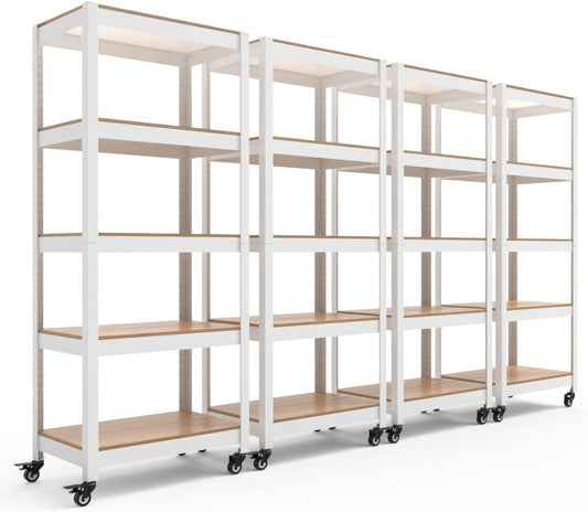 HOMEDANT House White 5-Tier Metal Rolling Cart Shelf Rack Casters Heavy Duty Wheel Shelving Unit Adjustable Utility Storage Shelves Organizer Shelf Kitchen Garage 24.4" W x 16.5" D x 62.2" H 4Pack