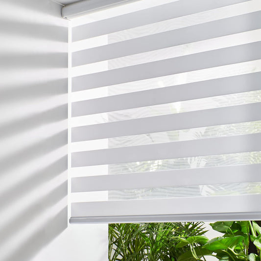 Persilux Cordless Zebra Blinds for Windows Free-Stop Roller Shades (30" W X 64" H, White) Dual Layer Light Cintrol for Day and Night, Light Filtering Sheer Shades for Home, Easy to Install
