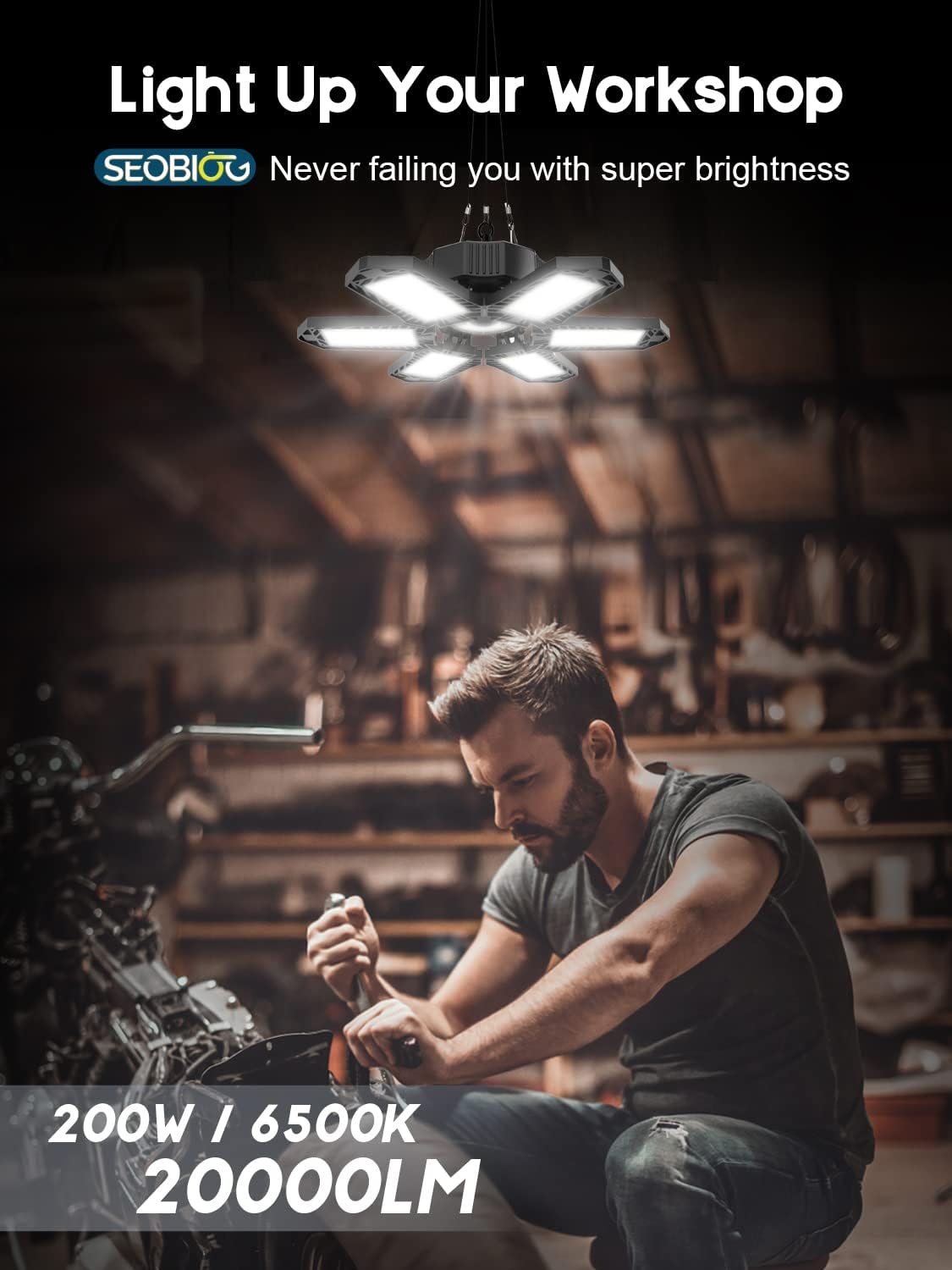 SEOBIOG LED Garage Lights - 6 Pack, 200W 20000LM Plug-in Shop Light with 6+1 Deformable Panels for Garage, Warehouse, Barn, Basement (Built-in ON/Off Switch)