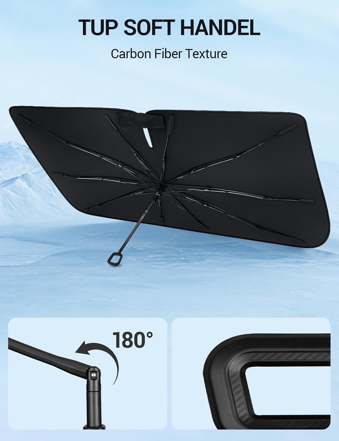 Proadsy Windshield Sun Shade Umbrella for Hyundai Ioniq 5 2022-2025 2026 Foldable Car Umbrella Sunshade with Soft TPU Handle Spring Structure Crystal Cooling Material Protect Car from Rays & Heat