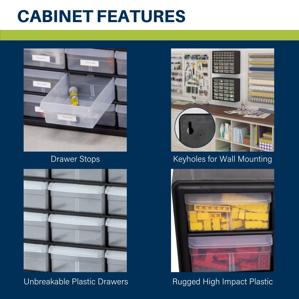 Akro-Mils 24-Drawer Plastic Drawer Storage Cabinet for Garage Organization, Bead Organizer, Building Bricks Storage, Teacher Toolbox, Makeup Organizer, 20-Inch W x 6-Inch D x 16-Inch H, 10124 Black