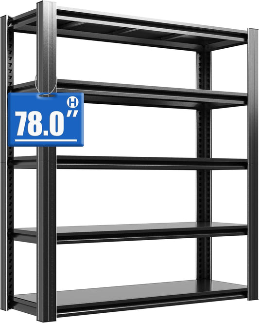 78" H Metal Storage Shelving, 3000LBS Heavy Duty Shelves Unit, Adjustable 5 Tier Storage Rack, Industrial Utility Shelf for Garage, Warehouse, Bedroom, Kitchen,18" D×47.5“W×78”H, Black