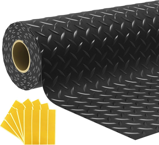7.5x25 FT Garage Floor Mat, Updated 2.8mm Thicked Flooring Roll with 20Pcs Tapes, 188 sqft Diamond Plate PVC Rubber Trailer Mat, Non-Slip Floor Protector Mat for Garage Warehouse Gyms (Matte Black)