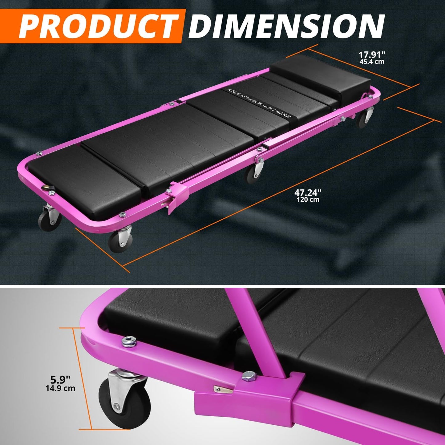 DNA MOTORING 48" 2 IN 1 Folding Rolling Garage Shop Creeper Roller Seat, 7 Pcs 2" Casters, 350 Lbs Weight Capacity, Purple, TOOLS-00193-PR