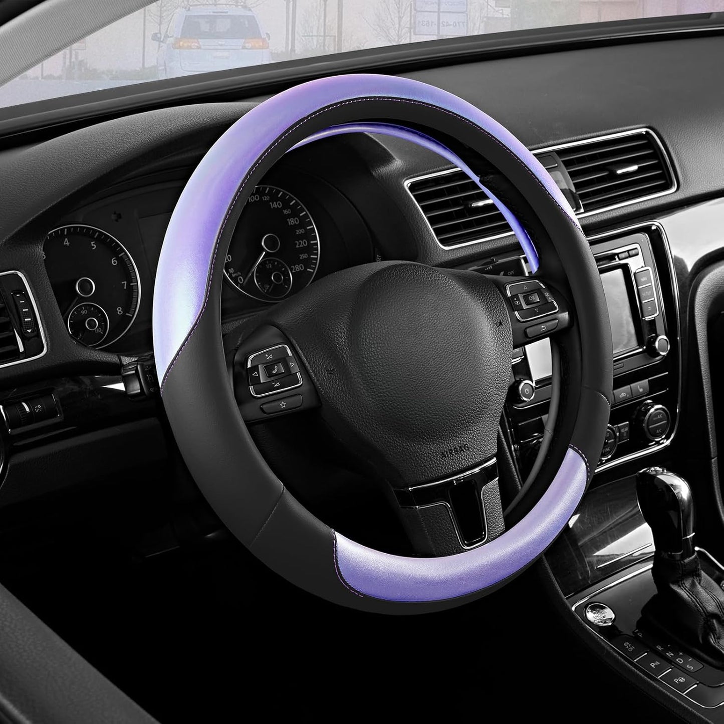 Road Comforts Steering Wheel Cover – Breathable Leather Steering Wheel Cover, Anti-Slip Grip, Universal Fit 14.5” to 15”, Heat & Cold Resistant for Cars, SUVs, and Trucks – Black & Purple