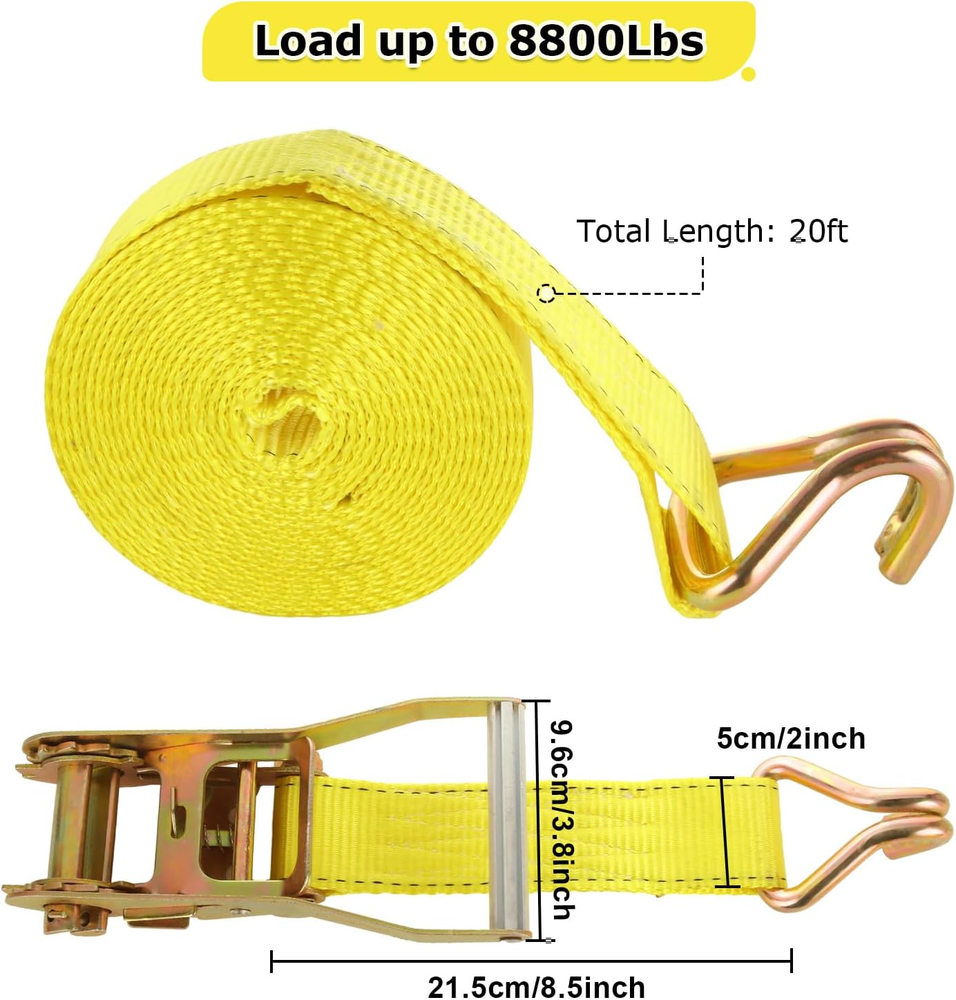 4 Pack 2 Inch Ratchet Straps Heavy Duty 20ft Tie Down Straps Ratchet with Double J Hook, 10000 LBS Break Strength, Cargo Ratchet Straps for Moving, Truck, Trailers, Motorcycles, Kayaks, Car Roof