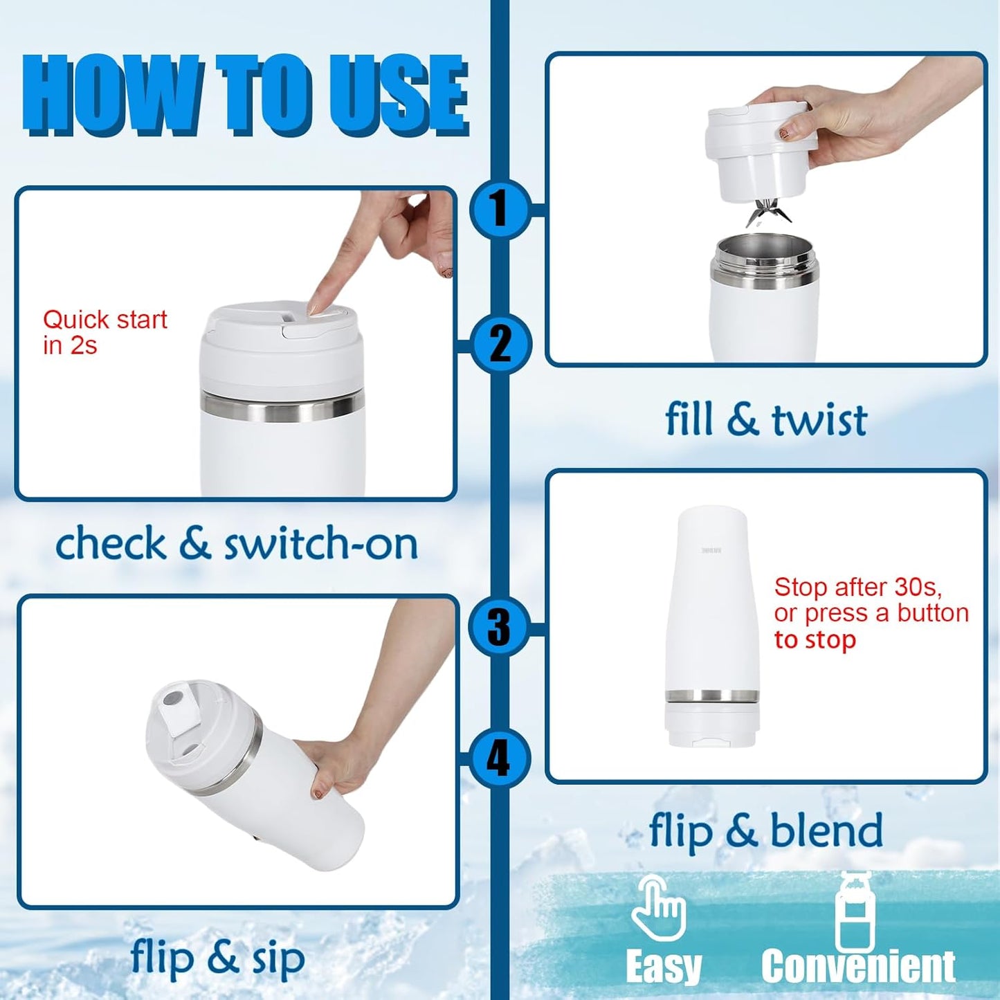 Ice Shave 2-in-1 Stainless Steel Vacuum Tumbler & Cordless Blender - 28oz, Leak Resistant, Cold 24Hrs/Ice 2 Days, 120 Watts with Waterproof Charging - For Smoothies, Home/Office/Car, White