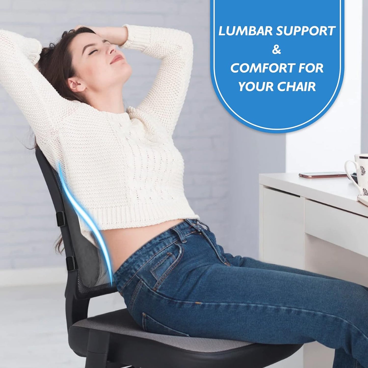 Lumbar Support Pillow for Office Chair Back Support Lumbar Pillow for Car, Gaming, Office Chair - Improve Sitting Posture & Back Pain Relief, Memory Foam, Adjustable Straps, Fluffy Grey