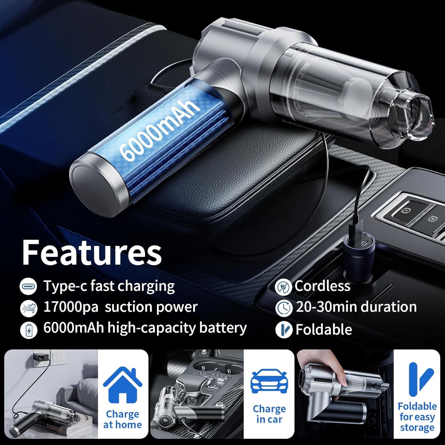 Car Vacuum,Portable & Foldable 21000PA & Air Duster, Cordless Handheld, High-Power Brushless Motor, 3-Speed Settings, 6000mAh Battery, Washable HEPA Filter for Home, Car, Office & Camping