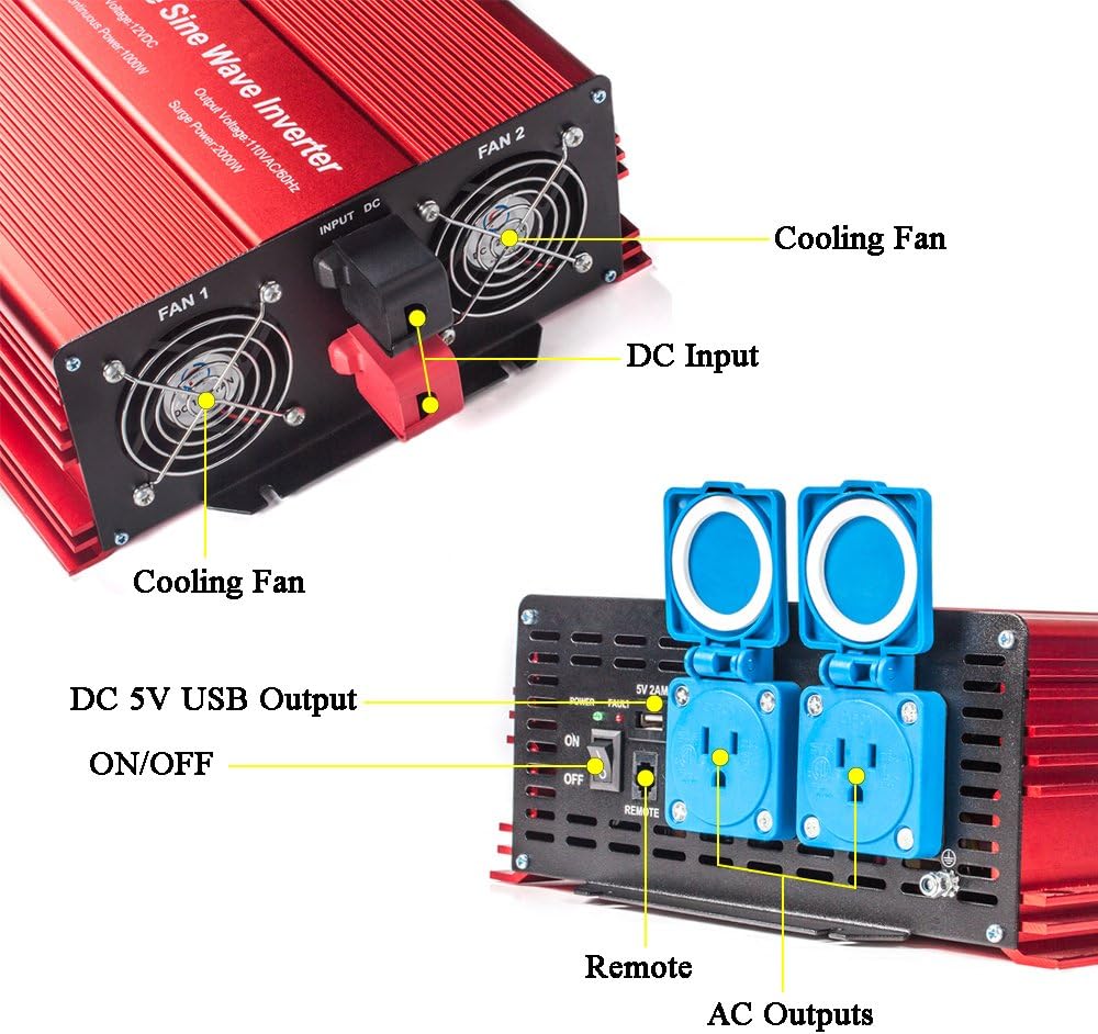 2000W Pure Sine Wave Inverter 12V to 120V AC with 2 AC outlets (IP54 ETL Approved Sockets),DC5V 2 Amp USB Output, LCD Wire Remote kit and OFC Battery Cables,Input terminals Fixing Wrench