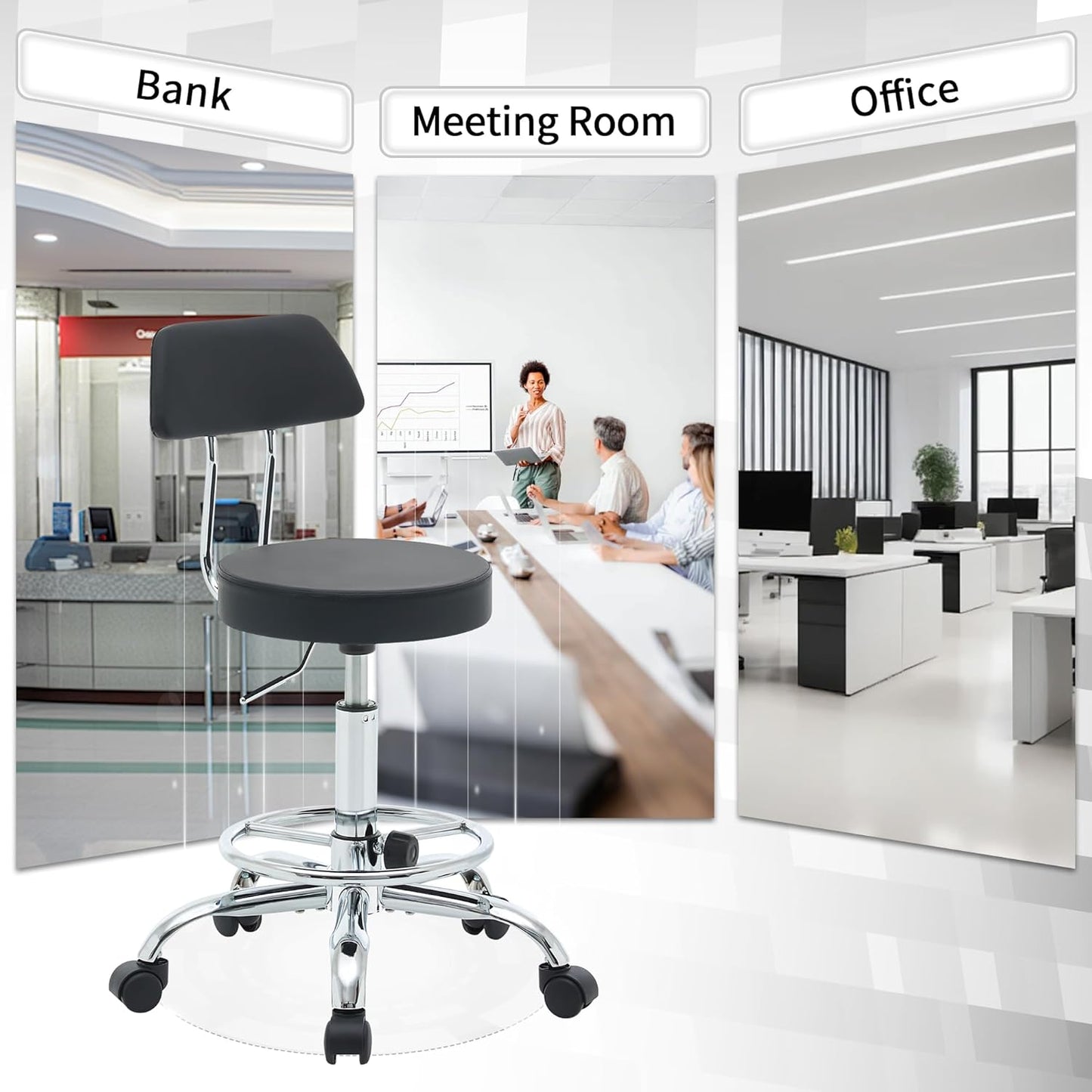 Office Chair with Back (Adjustable Height Posture Stool 19.5’’-26.6’’)(Drafting Chair on Wheels) Work Stool with Footrest (Black)