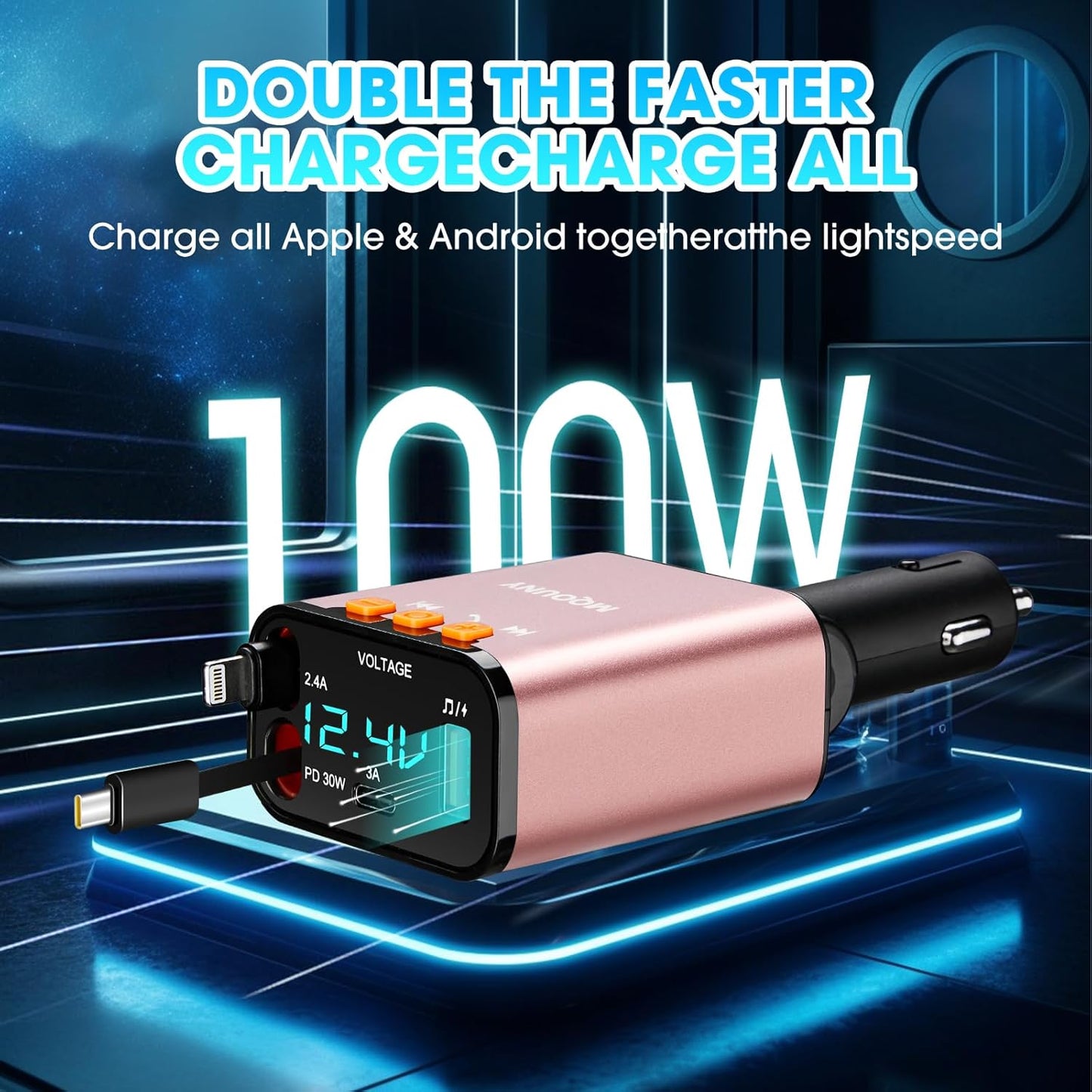 Retractable Car Charger,5 in 1 Fast Cars Phone Charger 60w,Bluetooth 5.3 FM Transmitter Adapter,Handsfree Call,MP3 Player,2 Retractable Cables and USB Chargers, for Phone,Galaxy,Pixel (Pink)