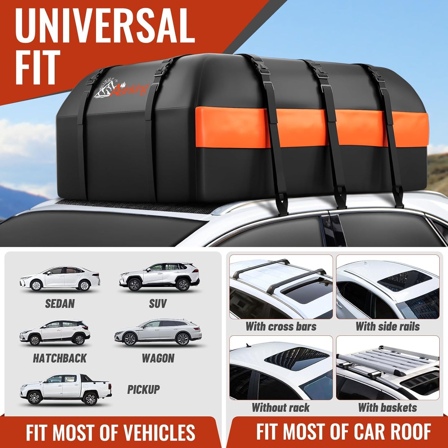 Car Rooftop Cargo Carrier Bag, 16 Cubic Feet Waterproof Car Topper Luggage Storage Bag with Large Capacity & Maximum Protection to Minivan SUV Vehicles w/wo Roof Rack, Non-Slip Mat, Door Hooks, Lock