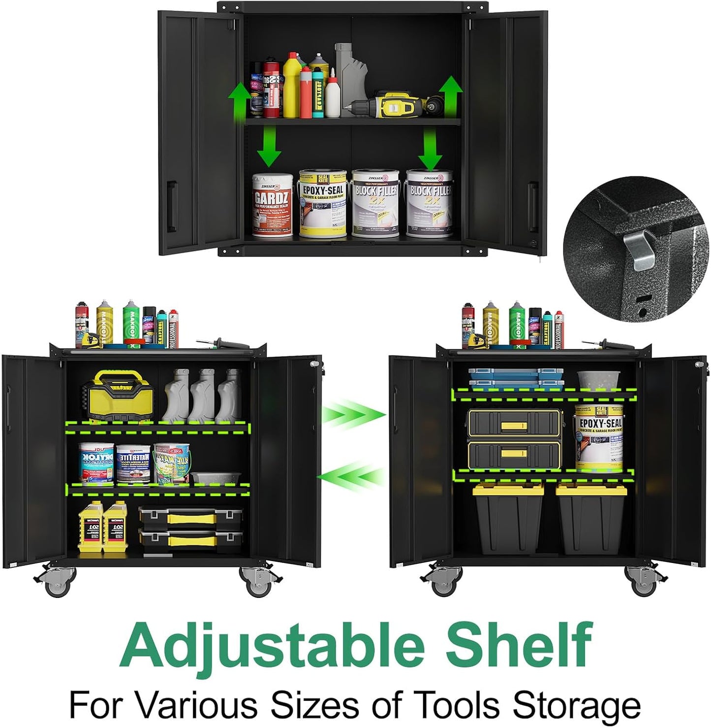 Metal Tool Cabinet,Garage Storage Cabinet System,Wall Cabinet & Locking Rolling Tool Cabinet with Doors and Adjustable Shelves,Steel Tool Cabinets for Home,Office (5 Pcs-StyleC, Black)