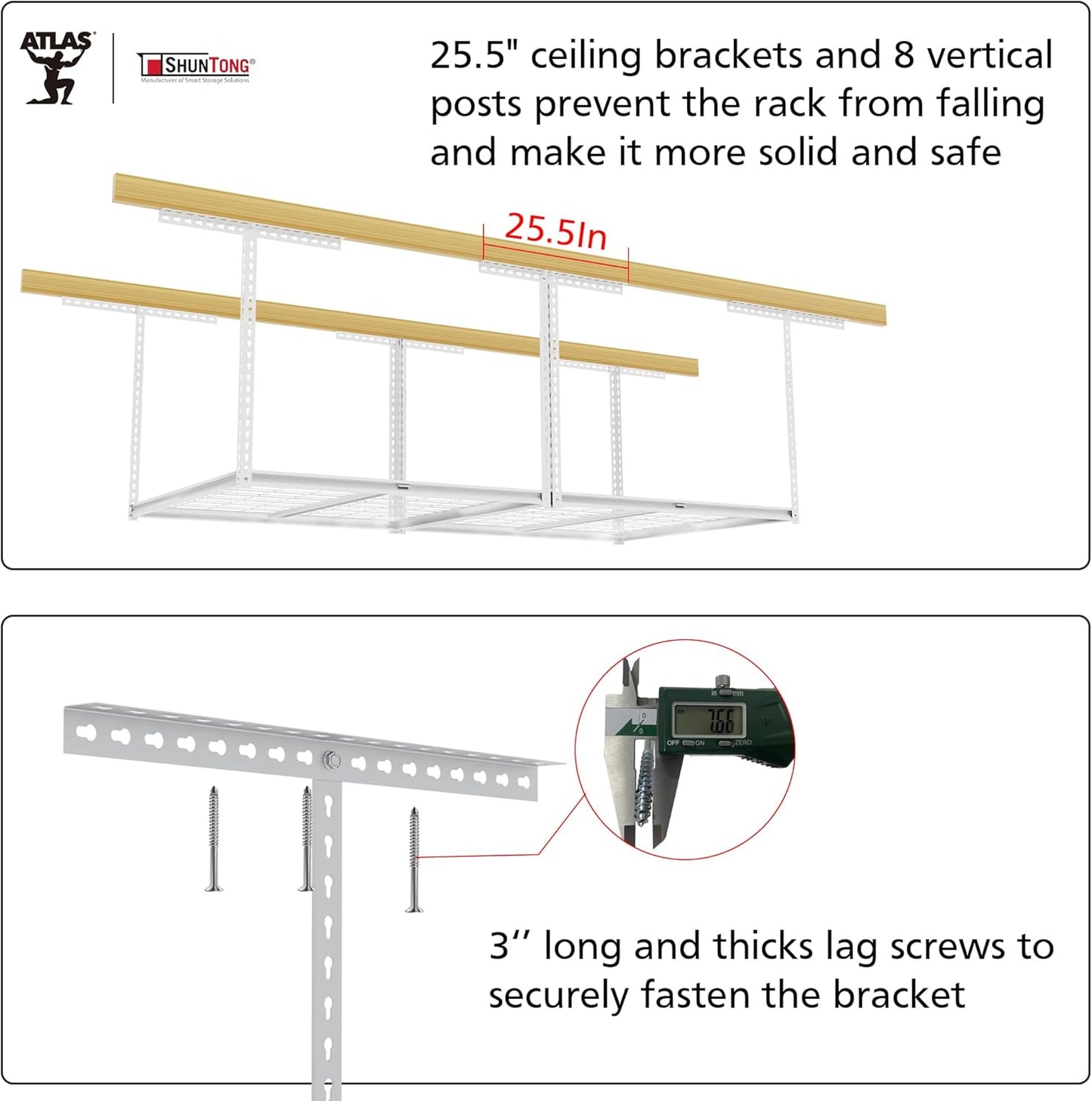 The Atlas 4 x 8 ft Adjustable Height Overhead Garage Storage Rack 900 lbs Heavy Duty Capacity White