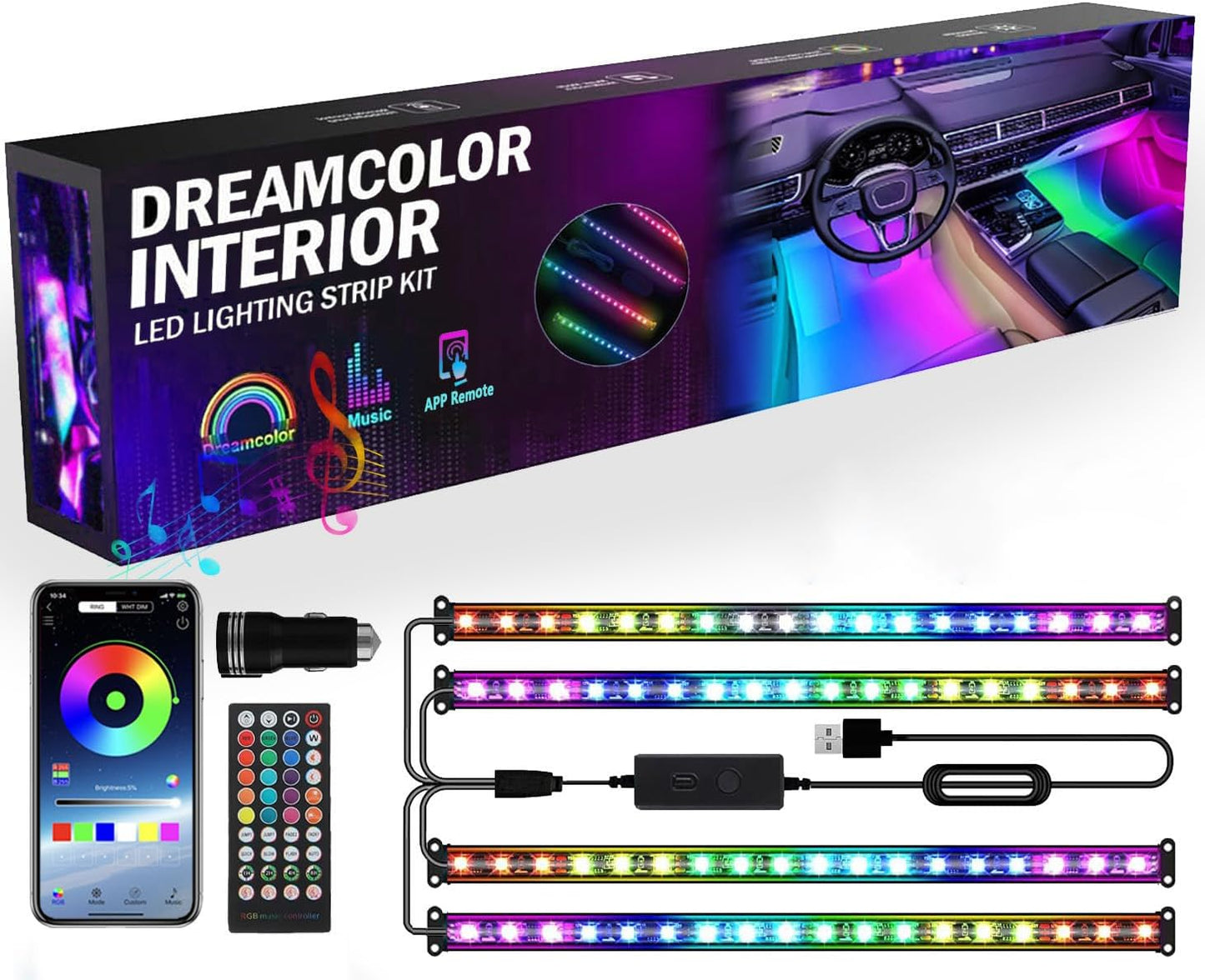 72LED USB Interior Strip Lights Dream Color RGB-IC 12V DC with App RF Remote Control Multicolor Footwell Under Dash Chasing Inside Light Kits Music Sync Mode for Cars Truck ATV UTV with Car Charger