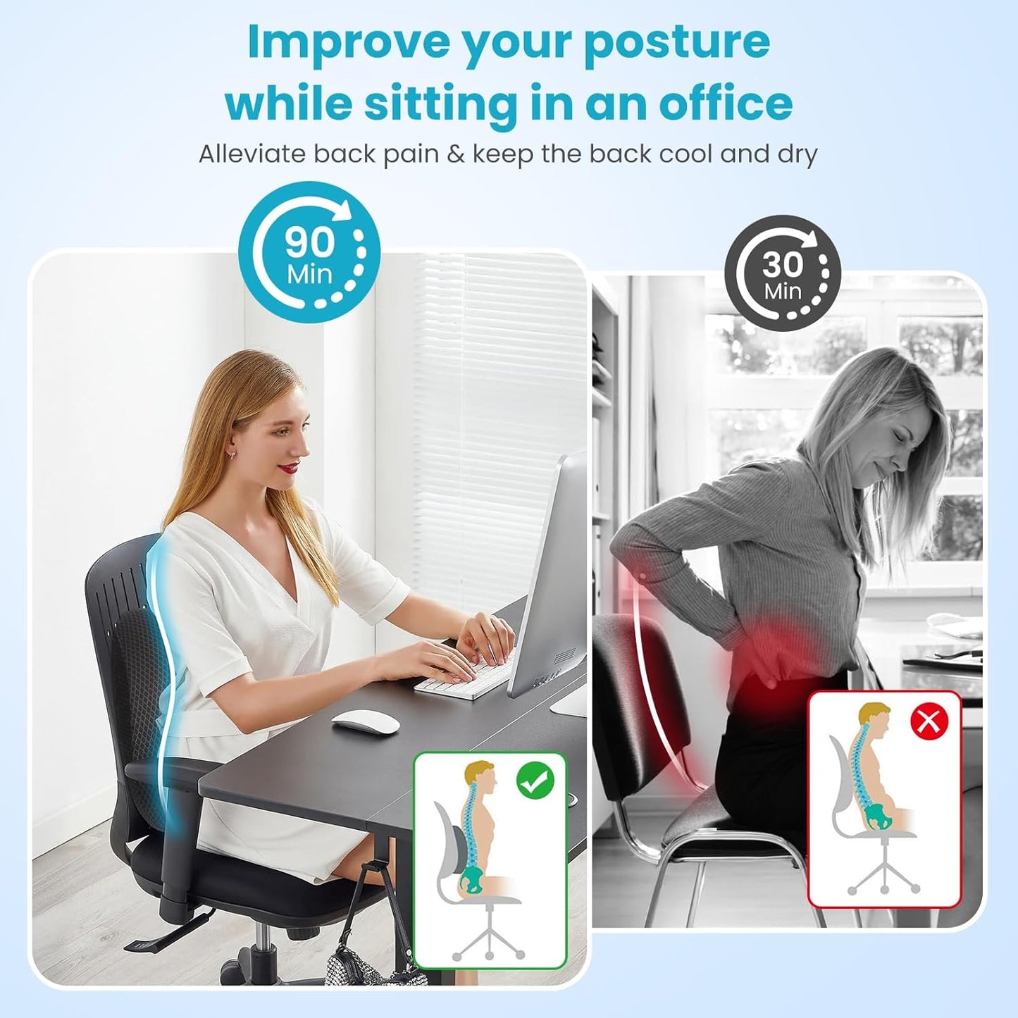 Lumbar Support Pillow Office Chair Car Back Pillow Ergonomic Lower Back Pain Relief Breathable Air Fiber Cushion with Hours Sitting on Worker Driver & Handicapped, Adjustable Strap (Dark Grey)