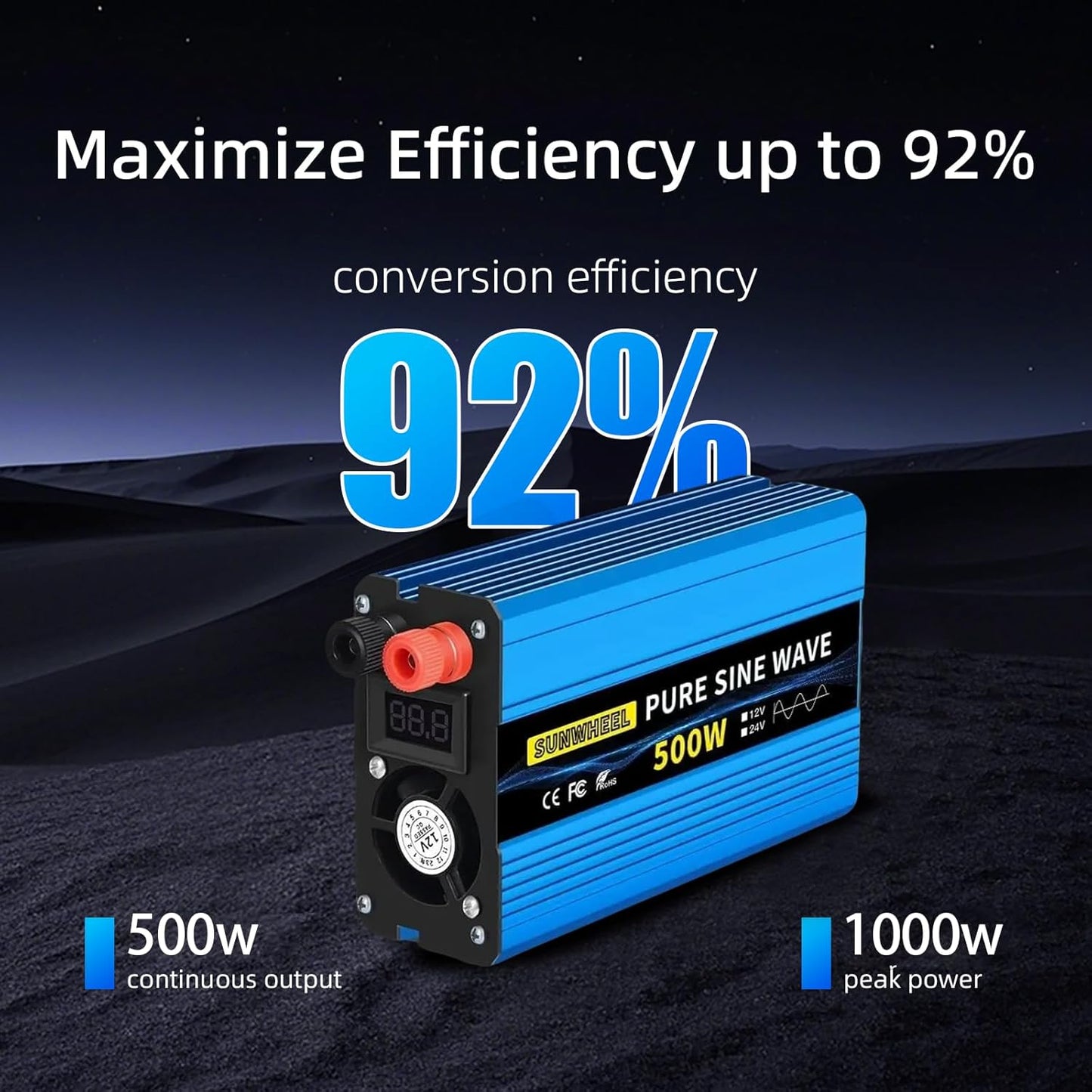 SUNWHEEL 500W 24V Pure Sine Wave Inverter, DC 24V to AC 110V/120V Car Power Inverter, Peak Power 1000W Car Plug Adapter Outlet Converter with Dual AC Sockets and LCD Display