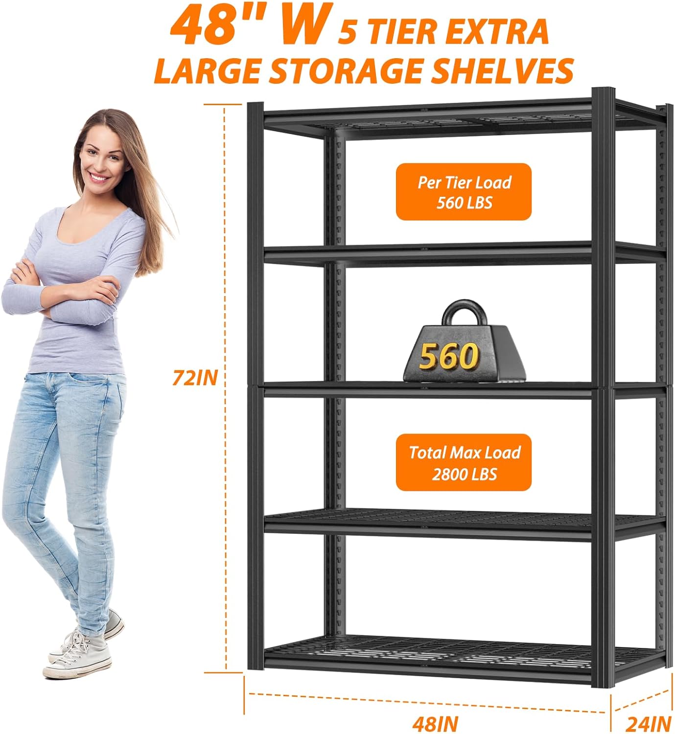 ROOMTEC 48" W Garage Shelving Heavy Duty,2800LBS Storage Shelves,5-Tier Adjustable Metal Shelving Utility Shelf Rack Garage Storage Organize for Storage Industrial, Warehouse, Basement