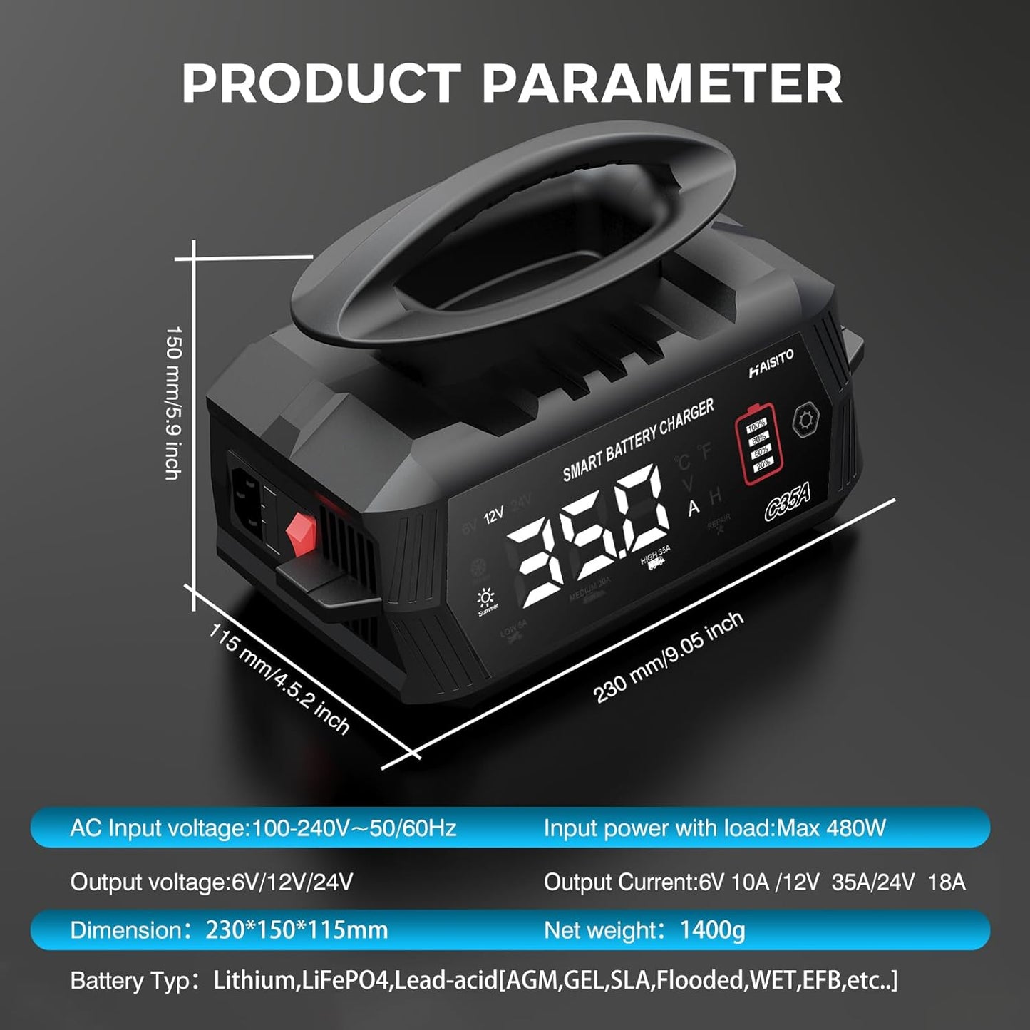 35 Amp Battery Charger, 6V/12V/24V Smart trickle Charger,car Battery Charger,Lithium, Lifepo4, Lead Acid (AGM/Gel/SLA...) Battery maintainer, desulfurizer, for:car, Boat, Motorcycle,Lawn mowers..