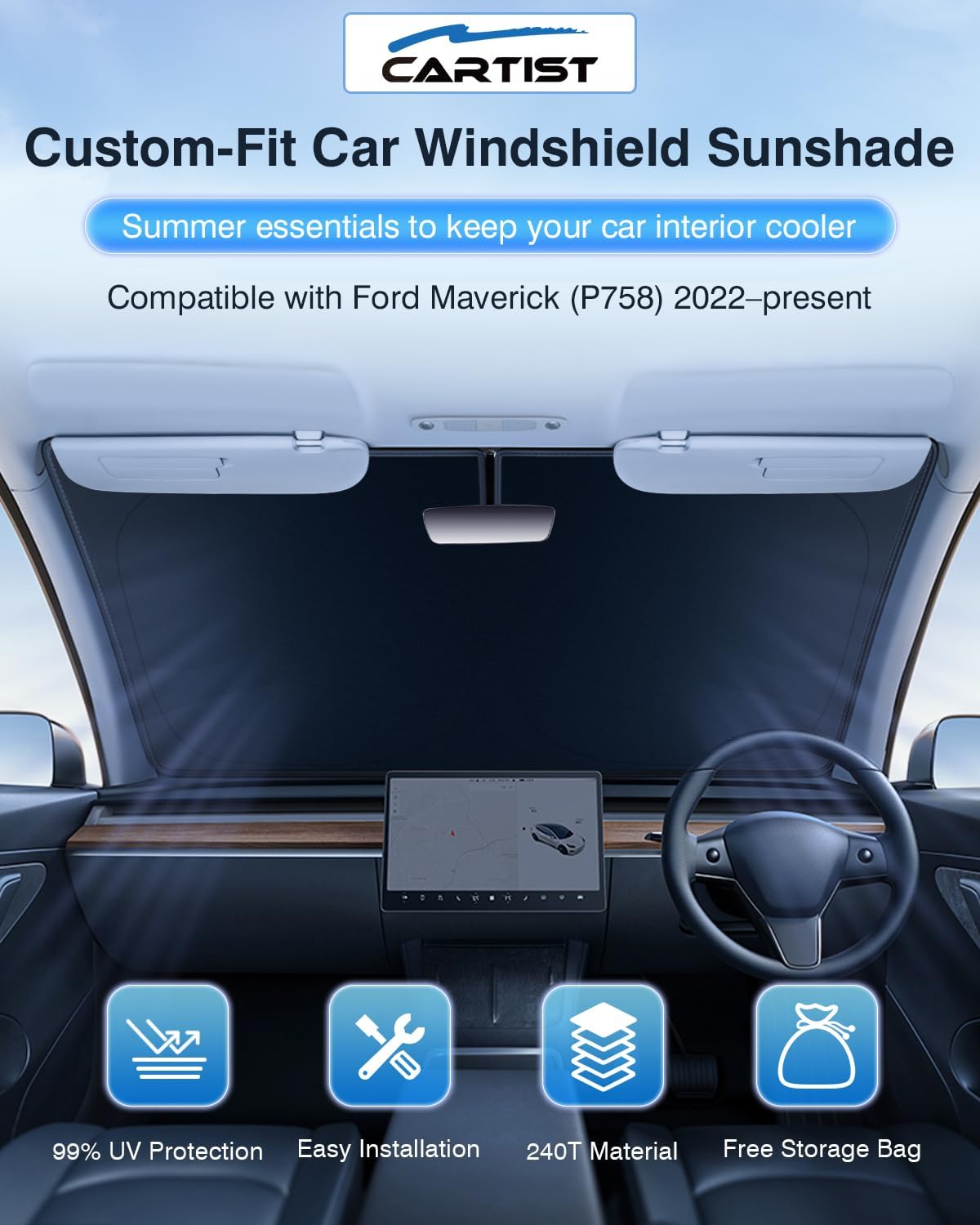 Non-Peeling Sun Shade Fits for Ford Maverick 2022 2023 2024 2025 Ford Maverick Accessories Foldable Car Front Window Sunshade Windshield Sunshade UPF 50+