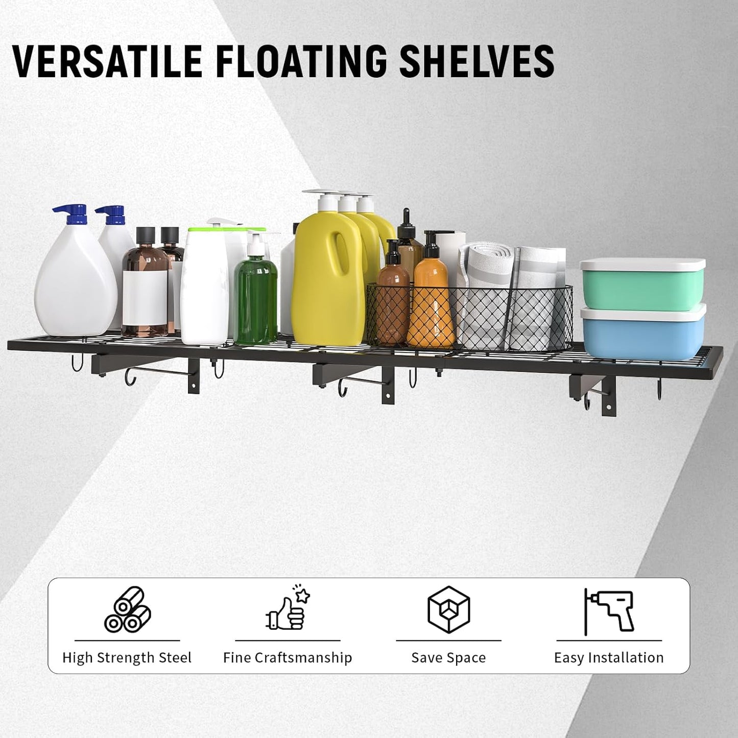 Garage Wall Shelves, 46"X12.5", 1 Shelf, Modern Style, Heavy Duty, Black, 160 LBS Capacity, Garage Storage & Organization System