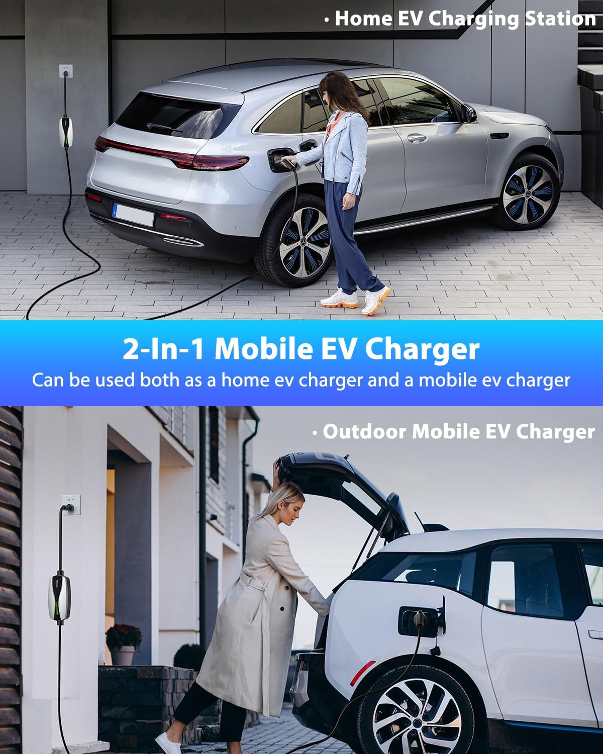 Level 1/2 EV Charger, 16Amp Electric Car Charger 25FT Cable with NEMA 6-20 Plug and NEMA 5-15 Adapter, Home Mobile EV Charging Station for J1772 BEVs/PHEVs 110V-240V(Silver)