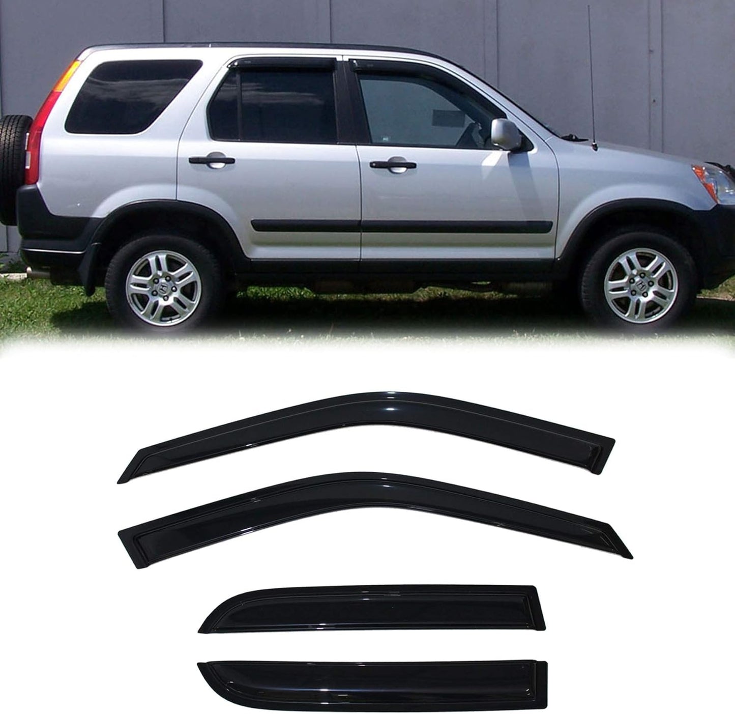 94459 Side Window Wind Deflector, 4pcs Out-Channel Tape-On Nice Rain Guards Set, Dark Smoke Window Visor fit for 2002-2006 Honda CR-V