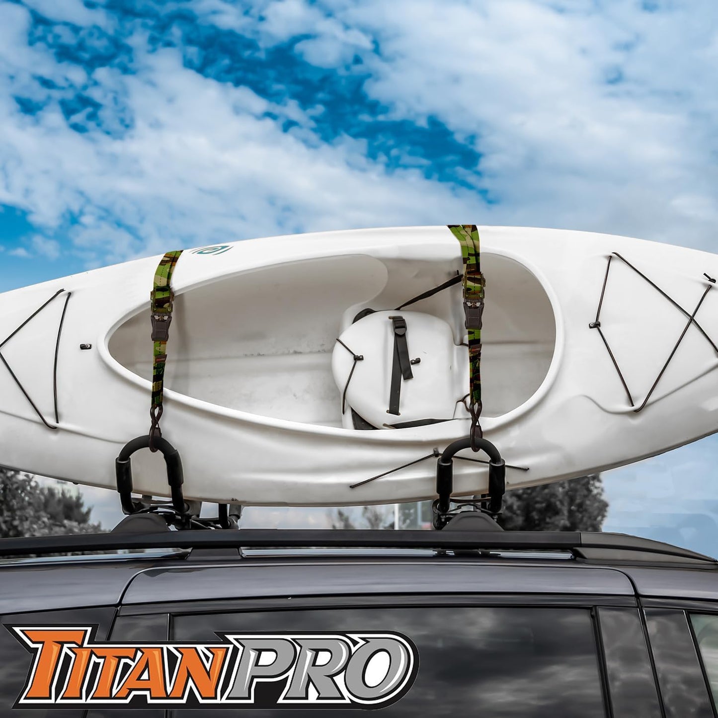 TitanPro Heavy Duty Ratchet Straps 4-Pack - 2,200lb Break Strength, 1" x 15' Rachet Tie Downs with Padded Handles - Heavy Duty, Truck, Motorcycle, Moving Straps (Camo)