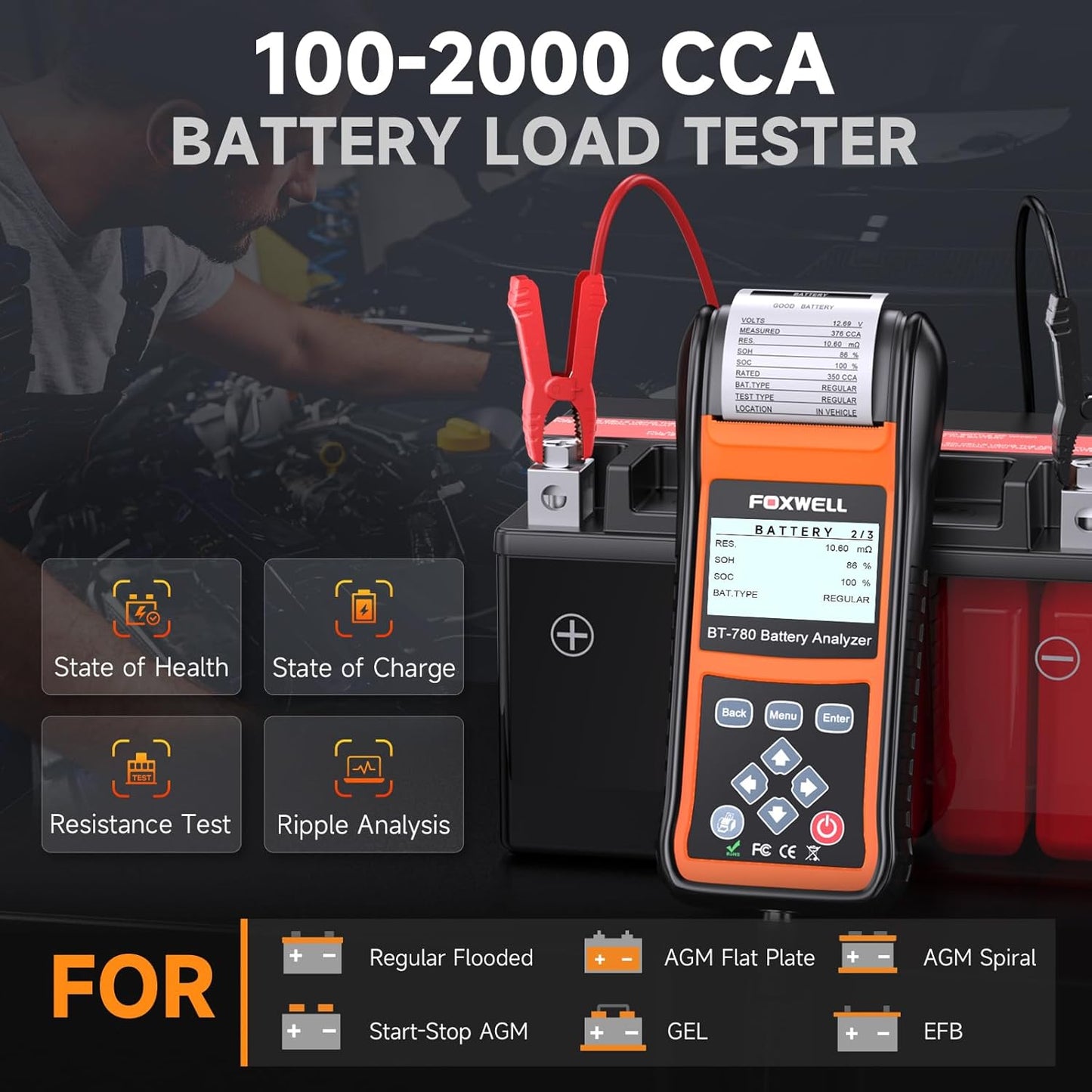 FOXWELL BT780 Car Battery Tester, 12V 24V Battery Load Tester with Printer 100-2000CCA Digital Automotive Cranking Charging System Analyzer for Car Motocycle Heavy Duty Truck Marine SUV Boat