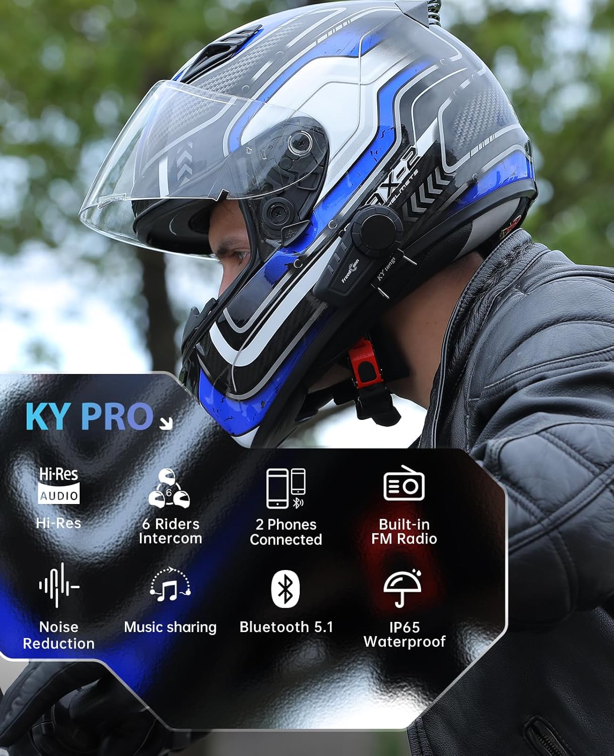 FreedConn KY PRO Hi-Res Motorcycle Helmet Bluetooth Headset, Motorcycle Communication Systems with CVC Noise Cancellation, Stereo Music, 6 Riders 1200m intercom, Dual Device Connection, IP65, 2 Pack