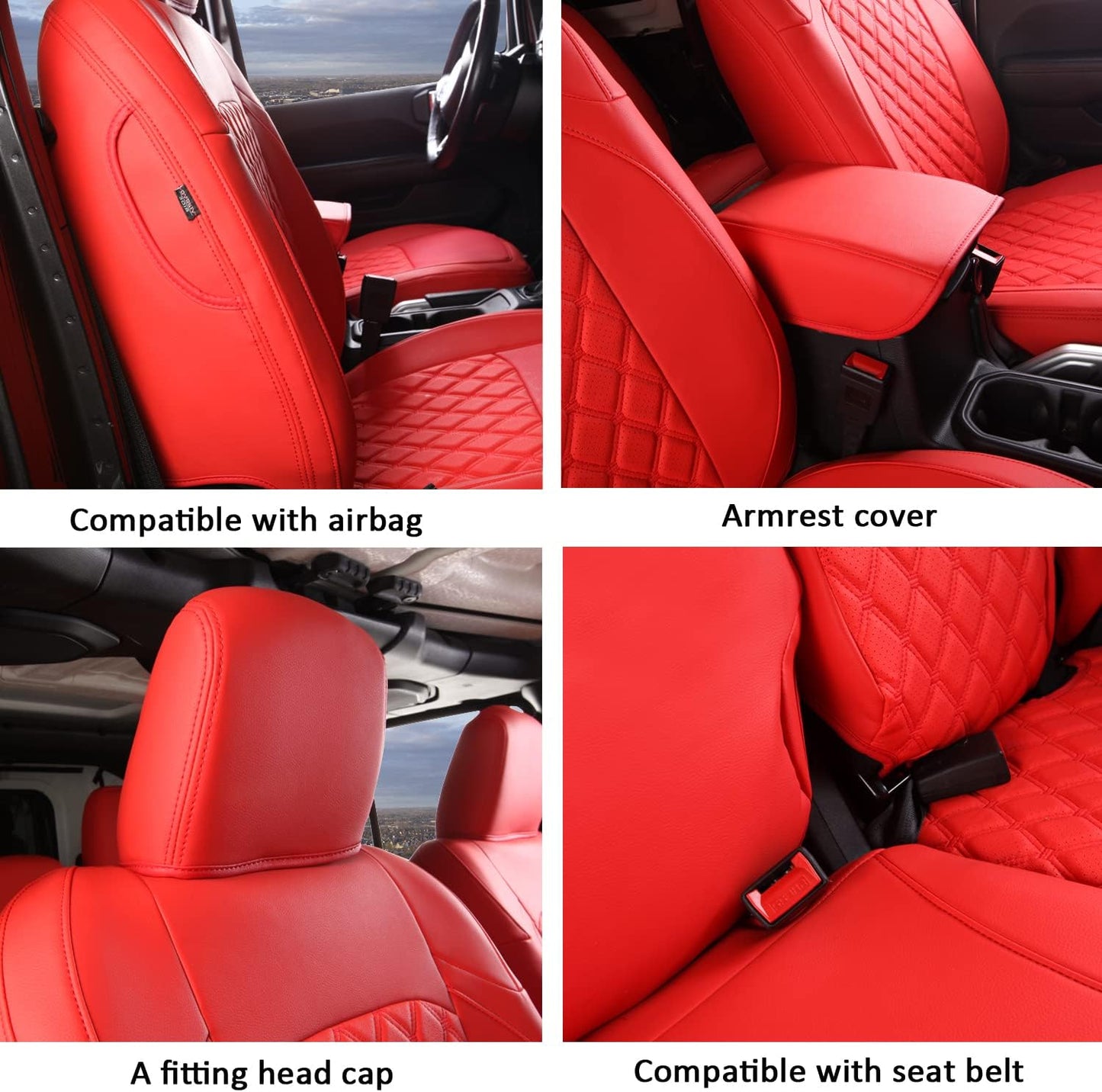 GIANT PANDA Customized Full Set Car Seat Covers for Jeep Wrangler 4 Door JL Sahara Sport Rubicon Unlimited Willys 2018 2019 2020 2021 2022 2023 2024 2025 Without Rear Cup Holder,Faux Leather - (Red)