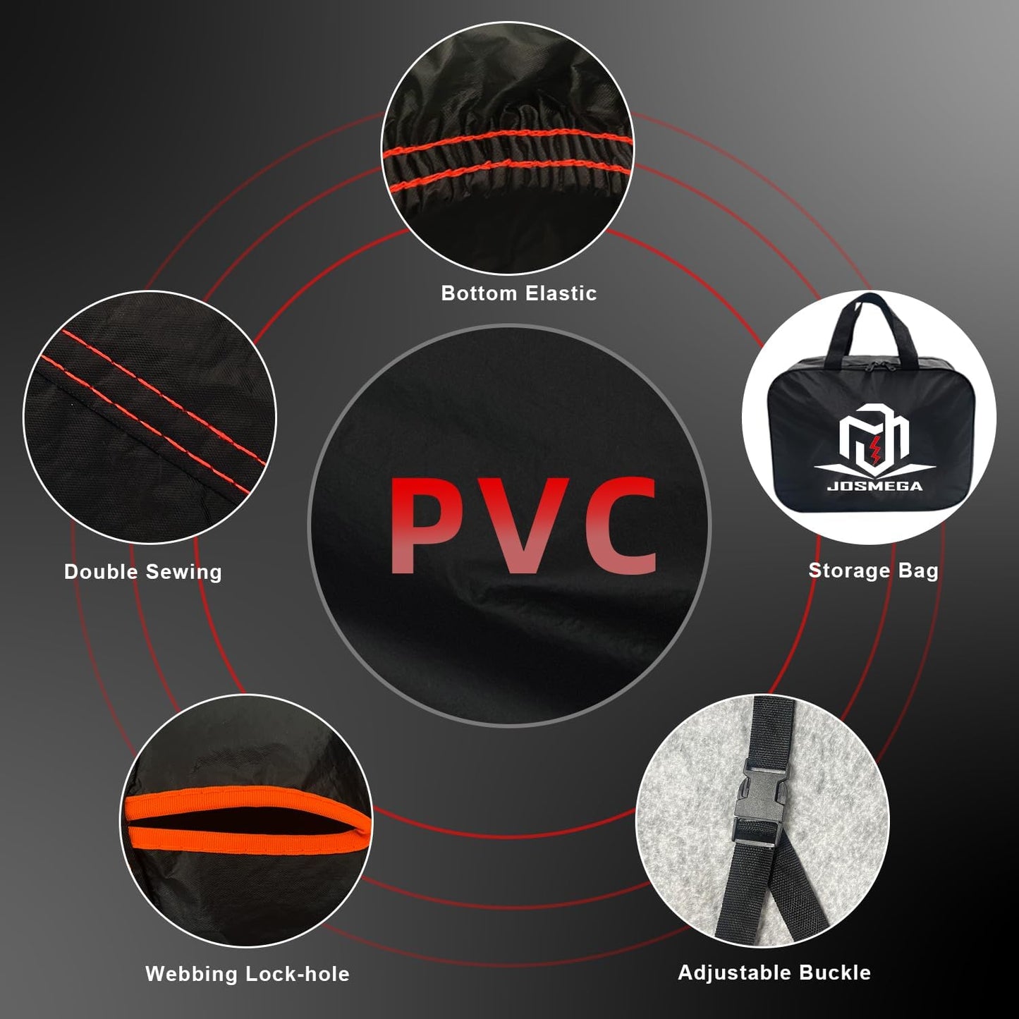 Motorcycle Cover | Heavy Duty PVC | Soft Inner Cotton | Waterproof Outdoor | All Season Universal | 4 Reflective Strips | 3 Windproof Straps | 1 Lock Hole | 1 Storage Bag | (Black, L, 91")