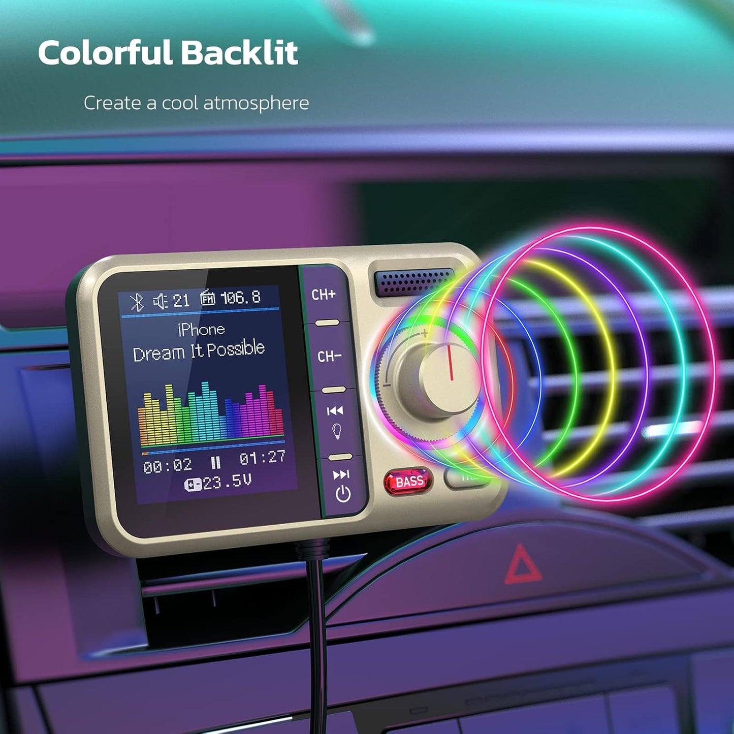 Nulaxy Bluetooth FM Transmitter for Car, Wireless Car Bluetooth Adapter with Big Color Screen, Support QC3.0 Fast Charging, Hands-Free Call, MP3 Music Player BASS&TRE Booster, TF Card AUX-KM28 Yellow