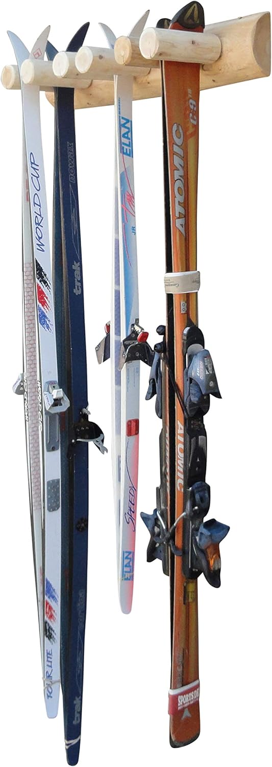 6-Place Log Ski Rack Wall Mount, Indoor Ski Storage Rack for Garage Organizers, Wooden Skis Wall Mount Storage Racks, Pole Skis Sports Racks, Garage Organization Walls - Natural