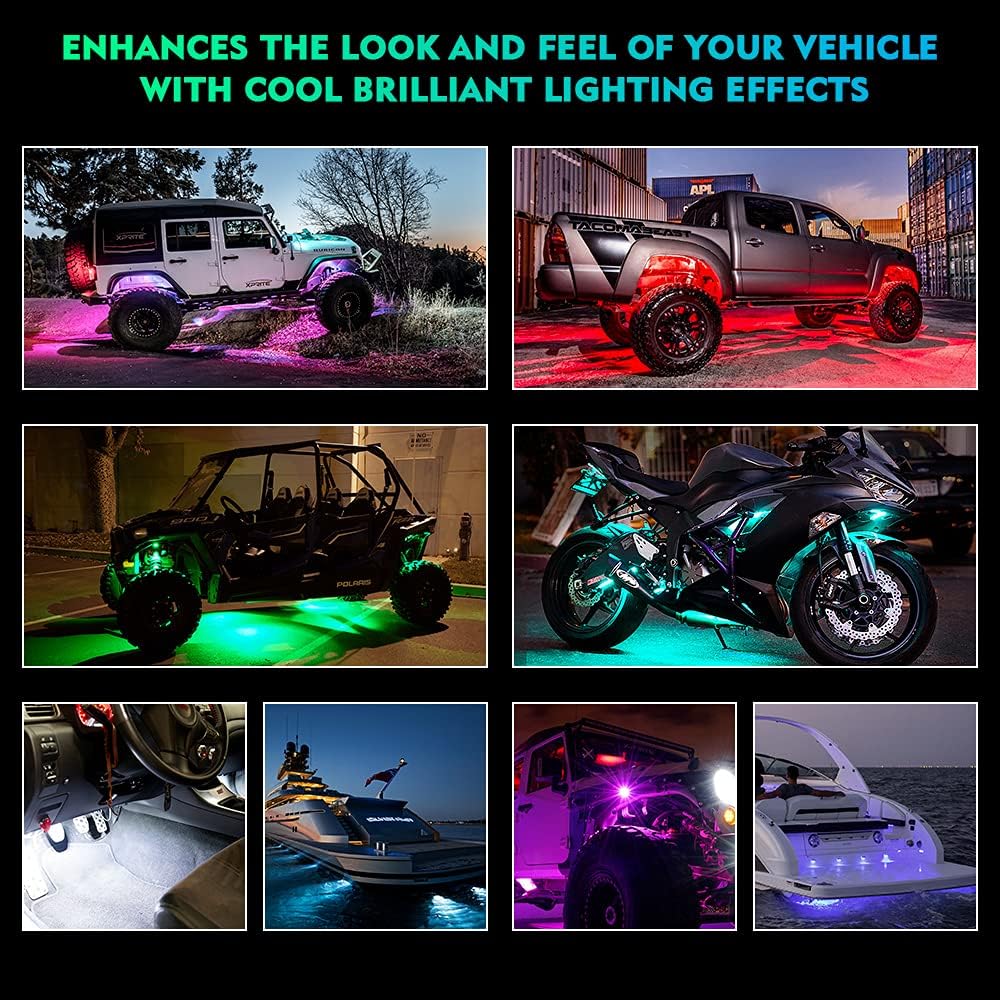 Xprite RGB Bluetooth Rock Lights Kit, Multicolor Neon Lighting Cars Underglow Footwell Wheel Well Light Pods, w/RF Remote Controller for Off-Road, Trucks, UTV, ATV, SUV, RZR, Motorcycles, Boat 8 PCS