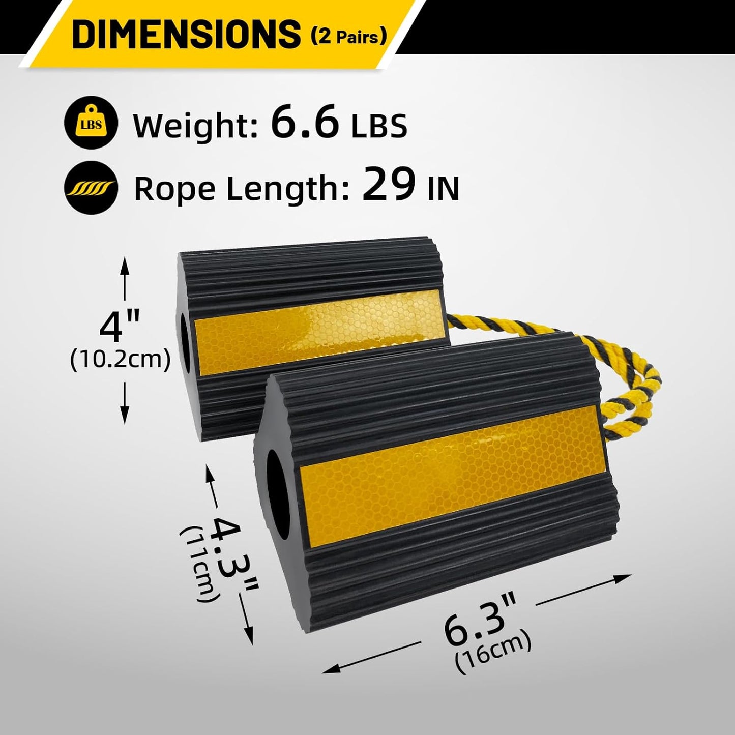 ROBLOCK Wheel Chocks (2pair/4pack with Rope) for RV Trailer Camper Truck Car Aircraft, Versatile Heavy Duty Rubber Wheel Chocks Block with 3 Reflective Strips, Tire Wheel Immobilizers & Chocks