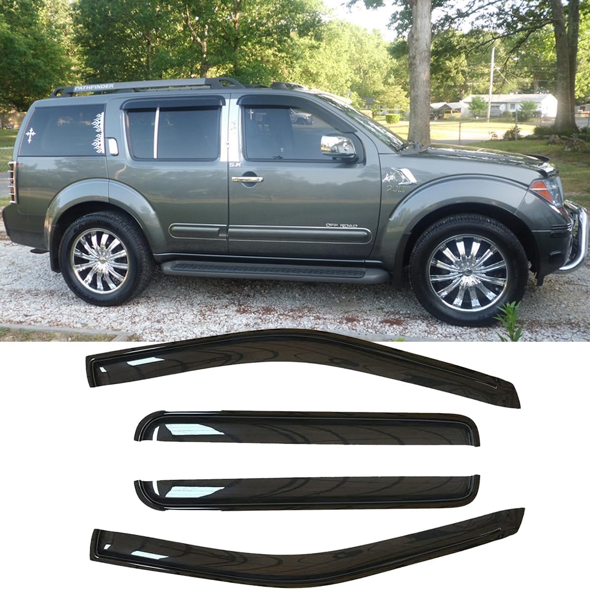 4pcs Side Wind Deflector,Out-Channel Tape On Sun Rain Guards, Dark Smoke Nice Looking Window Visor fit for 2005-2012 Nissan Pathfinder 94512