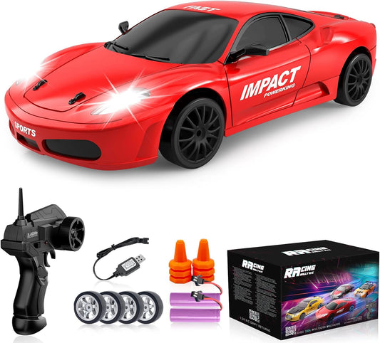 RC Drift Car, 2.4GHz Remote Control Cars 1/24 4WD High Speed Drift Car with LED Lights and Dritfing Tires Vehicle Racing Toy Cars with Two Batteries for Boys Girls Adults Kids (Red)