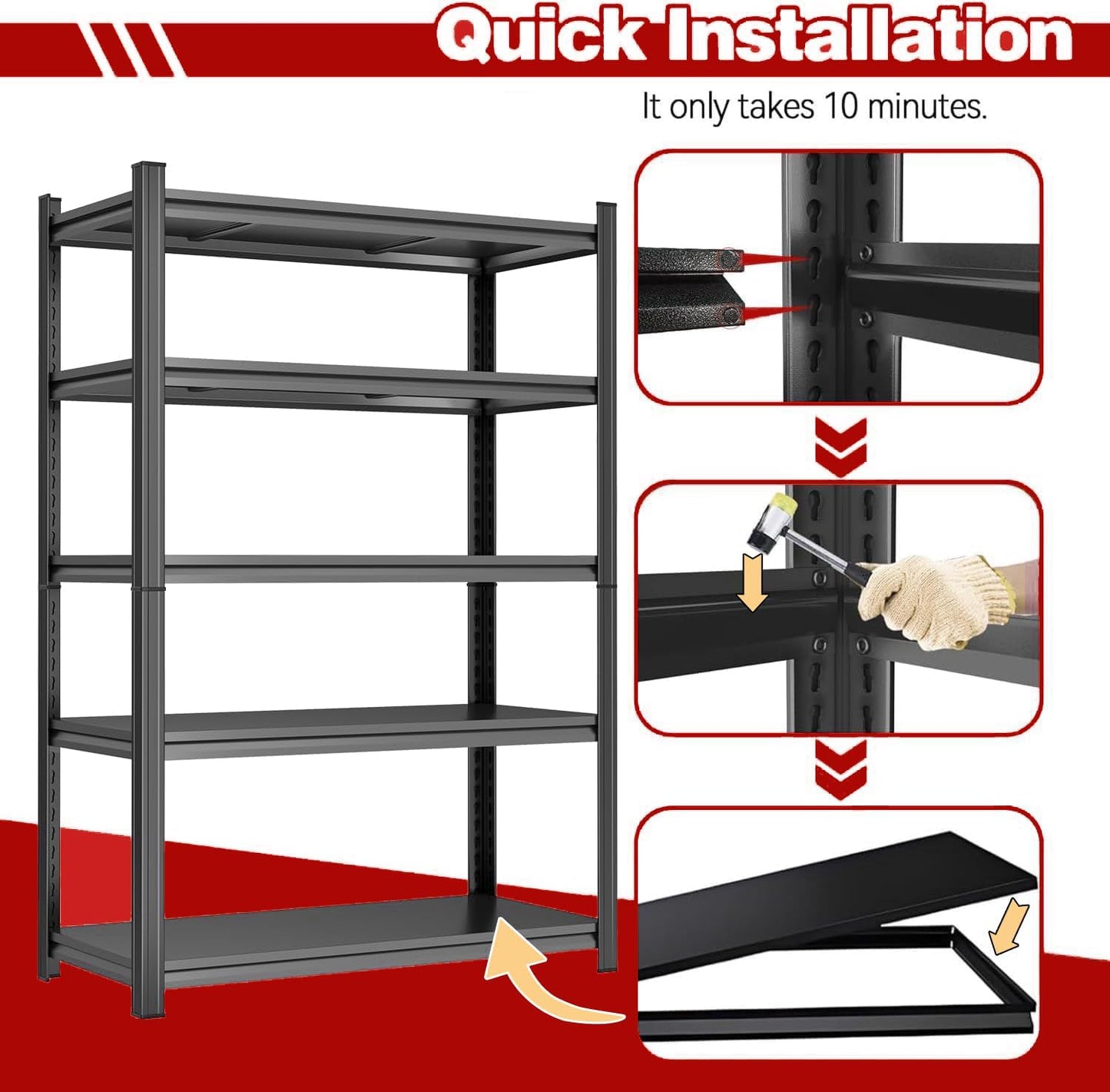 87" H,Heavy Duty 5-Tier Steel Garage Shelving Unit | 3800LB Capacity| Garage & Basement Storage | Industrial-Grade Metal Shelving for Warehouses & Workshops | Adjustable, Rust-Resistant, Black