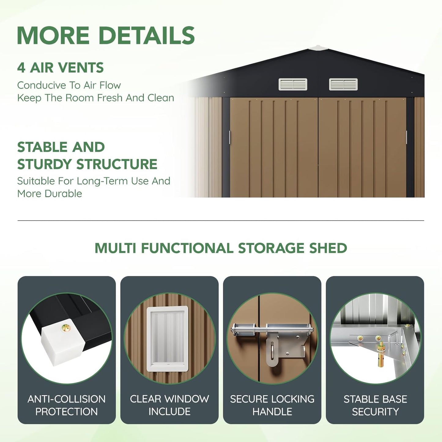 10X10X7.5 FT Outdoor Steel Storage Shed with Lockable Doors, 2 Windows, Metal Frame Floor (Wood Panels Not Included), Ideal for Backyard, Patio Storage,Chicken Coop, Brown