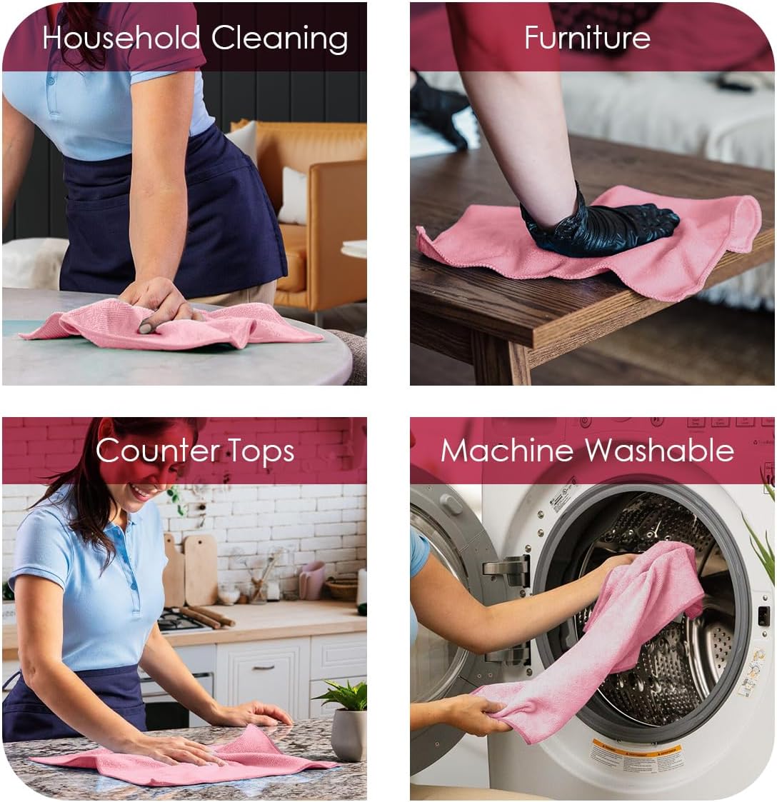 Avalon Towels Microfiber Cleaning Cloths (Value Pack of 36) Size 16" x 16", Highly Absorbent Cleaning Rags, Lint Free Cleaning Towels, Reusable and Washable, Microfiber Towels for Cars (Pink)