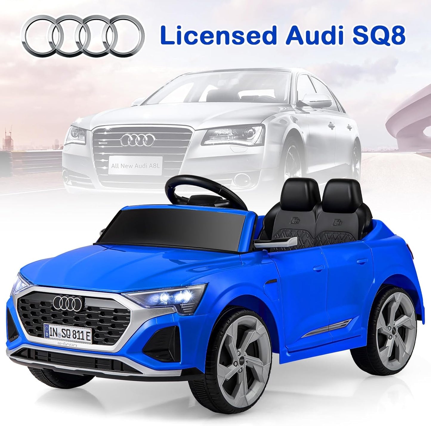 Licensed Audi SQ8 Ride on Car by OLAKIDS, 12V Kids Electric Vehicle with Remote Control, Toddlers Battery Powered Toy with 3 Speeds, Wheels Suspension, Music (Blue)