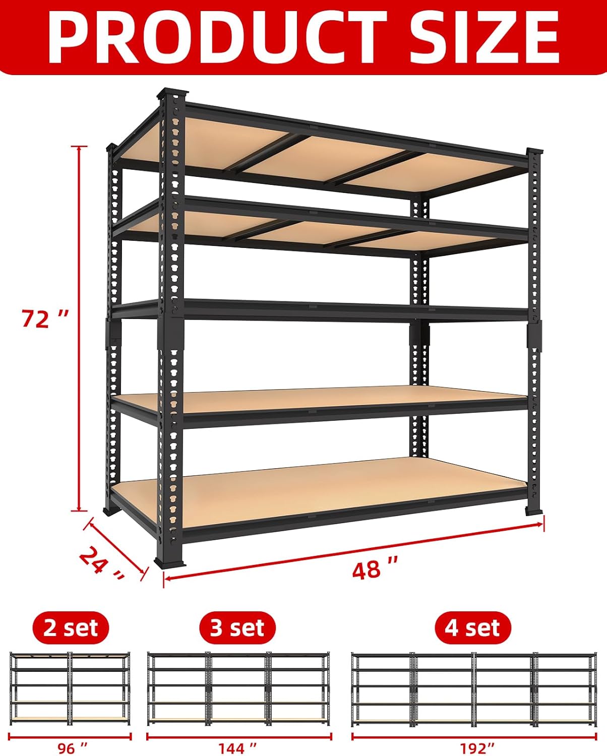PrimeZone Heavy Duty Garage Storage Shelves - 48" W X 24" D X 72" H Adjustable Metal Shelving Unit, 5 Tier Industrial Shelves for Storage Standing Utility Rack for Warehouse, Basement, Black, 8 Pack
