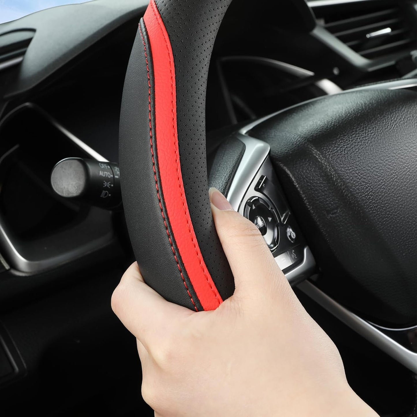 Car Steering Wheel Cover, Leather Steering Wheel Cover Red Universal 14.5-15 Inch Microfiber Leather Anti-Slip Breathable Auto Steering Wheel Covers for Men Women (Black&Red)
