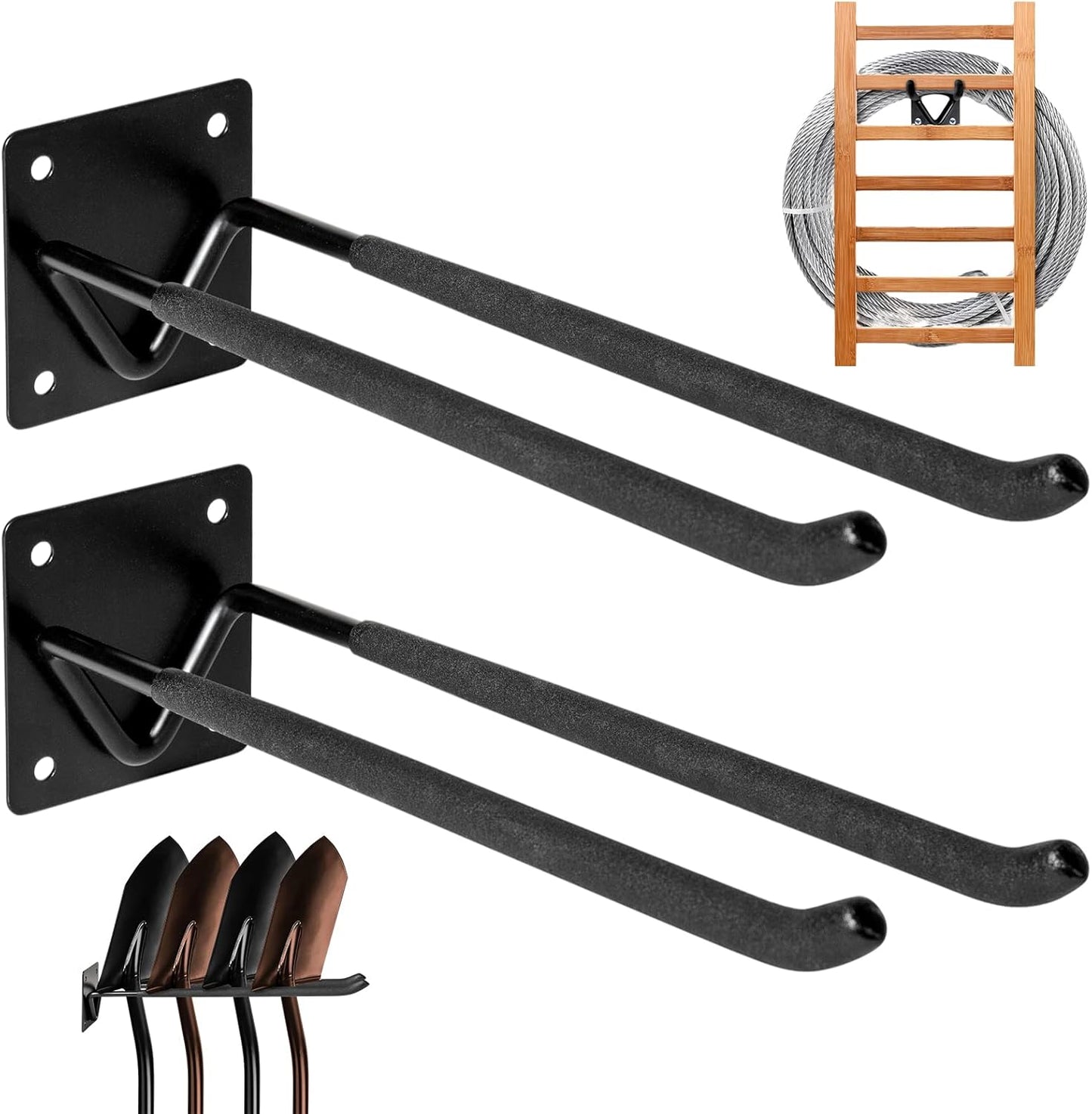 2Pcs Shovel Holder Wall Mount, Ladder Hangers, Rake Racks, Large Garden Tool Hook Organizers, Heavy Duty Garage Utility Hooks for Hanging Yard Tools, Chairs, Bikes and More