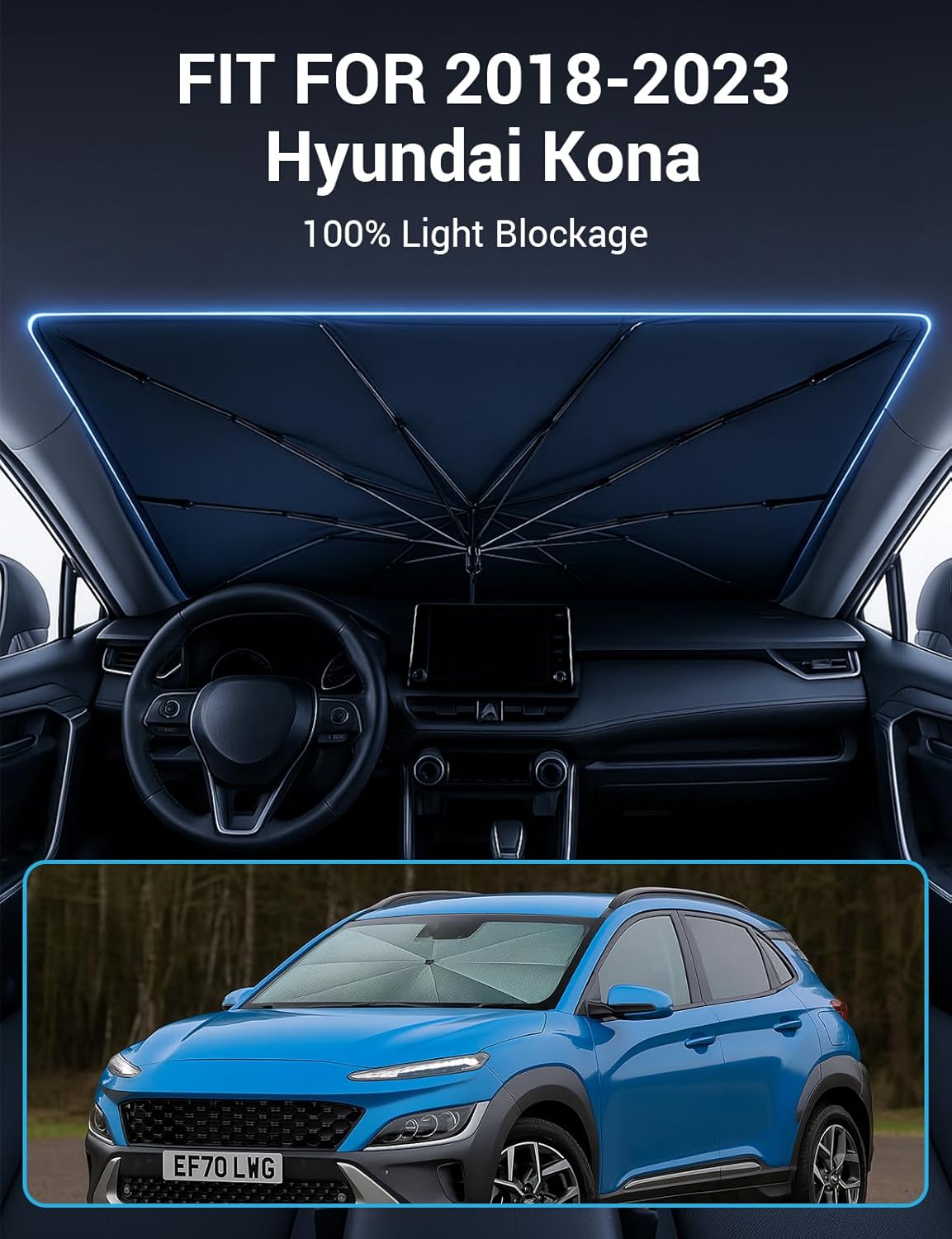 Proadsy Windshield Sun Shade Umbrella for Hyundai Kona 2018-2023 Foldable Car Umbrella Sunshade with Soft TPU Handle Spring Structure Crystal Cooling Material Protect Car from Rays & Heat