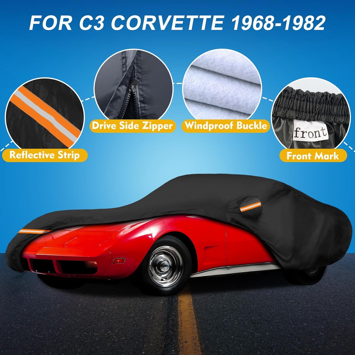 QUNSUNUS 6 Layer Car Cover for C3 Corvette 1968-1982 Waterproof All Weather Windproof for Corvette Car Cover Hail Protection with Zipper